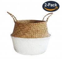Foldable Flower Basket (2Pack) Household Decorative Flower Basket Toys Laundry Storage Bin Foldable Woven Straw Basket, Pot Basket with Handle-Natural Color